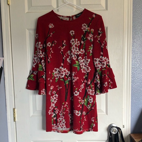 Papillon Dresses & Skirts - Floral Red Dress with Ruffle Sleeves